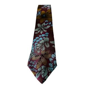 Authentic CHRISTIAN DIOR Flowers Design On Maroon Polyester Silk Necktie Tie